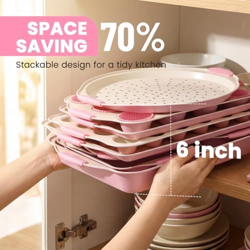 Kikcoin 22 PCS Nonstick Baking Pans Set, Stackable Bakeware Sets with Silicone Handles, 450°F Oven Safe Baking Sheet Set, Easy Release Cookie Sheets for Baking, Pink - Image 6