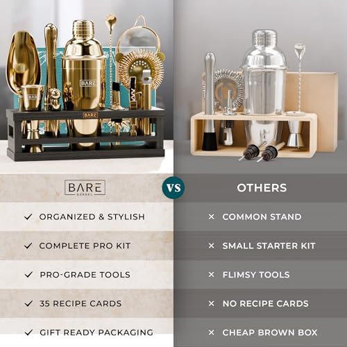 BARE BARREL® Mixology Bartender Kit Bar Set | 16-Piece Cocktail Shaker Set | Martini Barware Mixing Tools for Home Bartending | Incl. 35 Recipe Cards | Gift Set (24oz Cobbler Shaker, Gold/Black) - Image 6