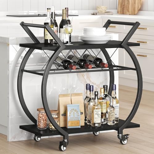 LVB Black Bar Cart with Wheels, Industrial Wine Cart with Storage for Home - Image 6