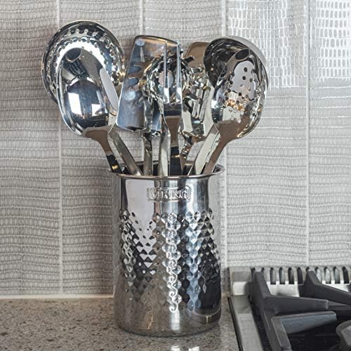 Viking Kitchen Utensil Holder, Hammered Stainless Steel Kitchen Utensils Organizer Crock, Counter Top Storage, Cooking Accessories, Silver - Image 3