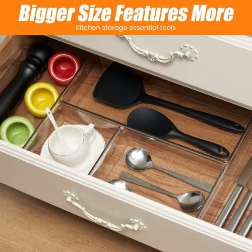 Criusia 6 Pcs Large Size Clear Drawer Organizer Set, Acrylic Non Slip Non Cracking Kitchen Drawer Storage Tray Divider, Multifunctional Storage for Cosmetics, Bathroom, Tools, Kitchen and Office - Image 6