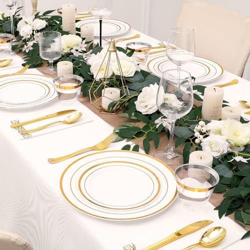 350-Piece Gold Rim Plastic Dinnerware Set for 50 Guests, Elegant Disposable Dinnerware for Party, Wedding. Includes Dinner Plates, Dessert Plates, Gold Silverware, Napkins, Cups - Image 6