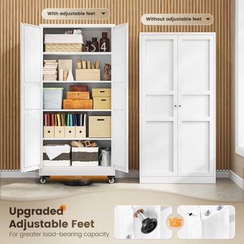 Yizosh 71"White Metal Office Storage Cabinet,Wheeled Garage Storage Cabinet - Image 7
