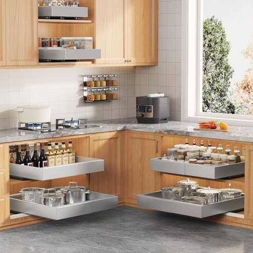 Seinloes 4 Pack Expandable Pull Out Cabinet Organizer 21"Deep With Raising Pad for Framed Cabinets,Slide Out Drawers With 4pcs Divider Racks,No Drill Roll Out Shelf,Adjustable Width 12.05"-20.4"Silver - Image 6