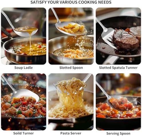 304 Stainless Steel Cooking Utensil,Kitchen Kitchen Utensil with Spatula, Solid Spoon, Ladle, Skimmer, Spaghetti Spoon, 6 Piece Set, Dishwasher Safe - Image 6
