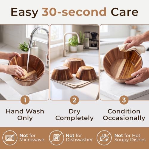 Wooden Salad Bowl Set of 3, Round 12" 10" 8" Wood Bowls for Serving Food - Image 6