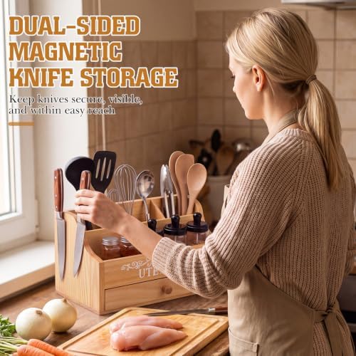 Wooden Kitchen Utensil Holder with Magnetic Knife Block, Natural - Image 6