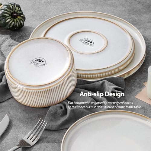 LIANYU Stoneware Dinnerware Sets with Pasta Bowls, 16 Piece Plates and Bowls Dishes Set for 4, Ribbed Dining Ware Dishware for Home, Microwave and Dishwasher Safe, Dawn Beige - Image 6