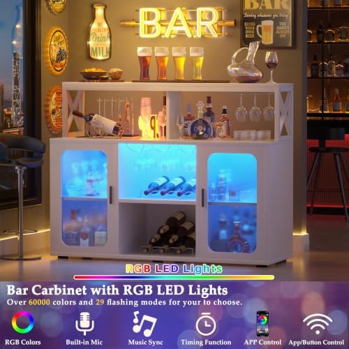 Aheaplus Bar Cabinet with Power Outlet, Liquor Cabinet with Led Lights and Glass Holders, Storage Buffet Cabinet Coffee Bar Cabinet for Liquor, Wine Cabinet with Racks for Home, Kitchen,-G2, White - Image 6