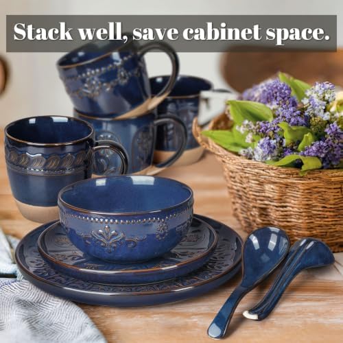 Artena 4-Piece Handcrafted Ceramic Dinnerware Set, Service for 1 – Reactive Glaze Embossed Plates, Bowls & Soup Spoons Included, Dishwasher & Microwave Safe, Blue, Damask Floral - Image 6