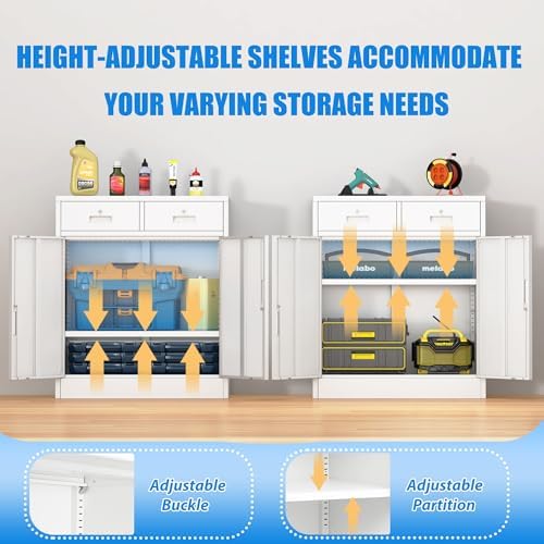 BESFUR Metal Storage Cabinet, Locking Storage Cabinet with Doors and Shelves, Reinforced Heavy Duty Metal Cabinets with Drawers for Office, Home, Garage (White) - Image 6