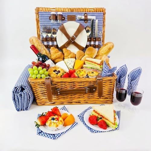 Multifunctional Wicker Picnic Basket Set for 4 Adults with Blue Blankets - Image 7