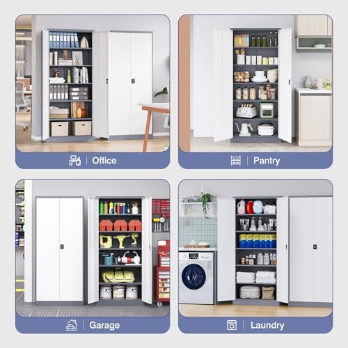Metal Cabinet,Locking Storage Cabinet with 2 Doors and 5 Adjustbale Shelves,72" Tall Tool Steel Cabinets for Garage,Home Office,School,Gym(Grey & White) - Image 6