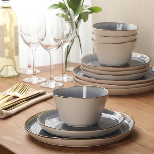 Gibson Elite Algeria River Plates and Bowls Sets, 12-Piece Stoneware Dinnerware Sets, Reactive Glaze Dish Set - Blue - Image 7