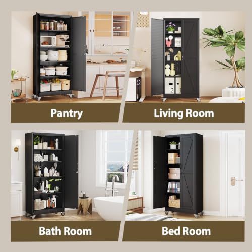 Metal Storage Cabinets with Wheels, Steel Tool Cabinets Lock Door and 4 Adjustable Shelves for Home Office, Garage, Kitchen (Black, 70.9" H) - Image 7