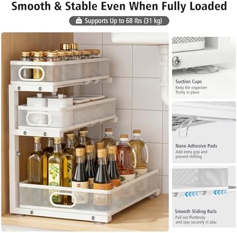 Under Sink Organizer, 3 Tier Pull Out Cabinet Organizer with 5 Adjustable Heights, Metal Under Sink Storage with Sliding Drawers for Kitchen, Bathroom, Pantry and Laundry Room, 2-Pack White - Image 6
