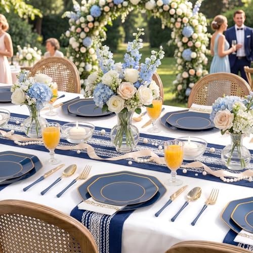 KIRE 140Pcs Blue Plastic Plates with Gold Rim - Navy Blue Plates for Party - Image 6
