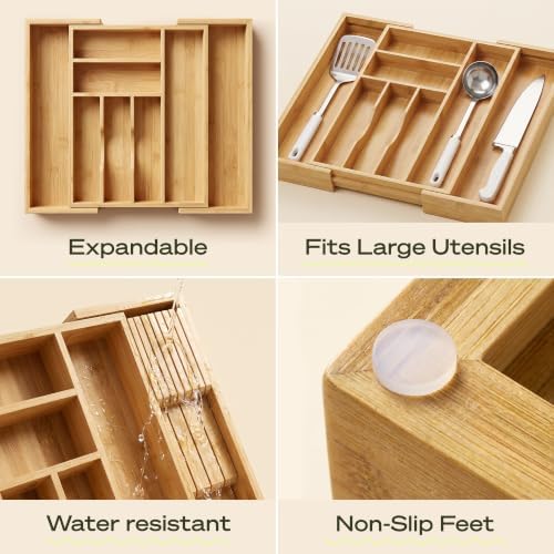 Drawer Organizer for Kitchen Organization – Expandable Bamboo Silverware Drawer Organizer with Removable Knife Block, Bamboo Cutlery, Non-Slip Utensil Organizer with 7-Slot Knife Storage for Flatware - Image 6