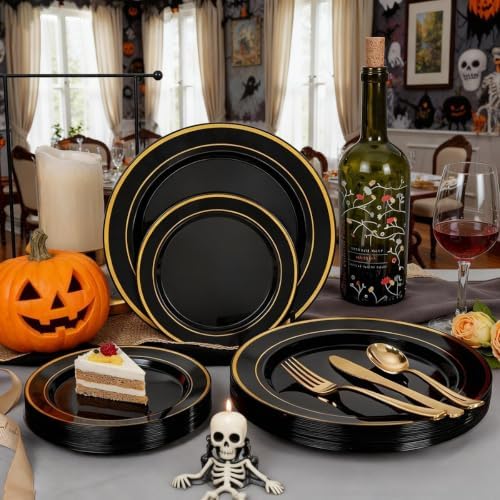 WDF Partyware 175PCS Black and Gold Plates - Halloween Disposable Plates for Party - 25Guests Disposable Dinnerware Set for Wedding/Party/Birthday/Halloween - Image 6