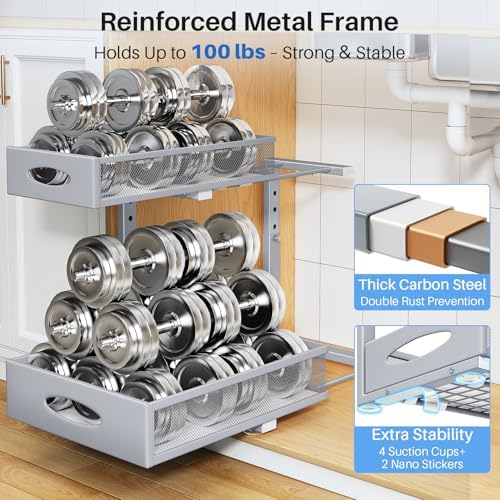 Under Sink Organizer, 2 Tier Pull Out Under Cabinet Organizer Shelf with Pad for Framed Cabinets, Metal Slide Out Under Sink Storage, Mesh Sliding Drawers for Kitchen Bathroom Laundry(Grey, 1 Pack) - Image 6