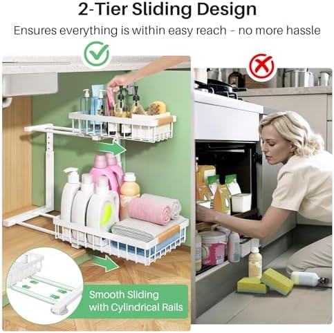 Kitstorack Under Sink Organizer, 2 Tier Under the Sink Storage, Slide out Pull out Cabinet Organizer Shelf, Metal Sliding Drawer for Kitchen Bathroom Pantry Closet Organization Rack, White, 1 Pack - Image 6