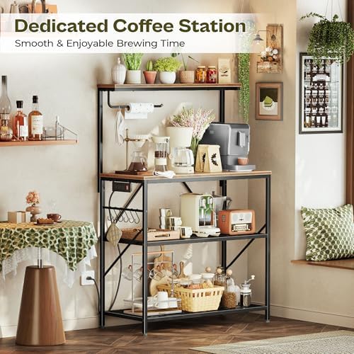 Huuger 4-Tier Bakers Rack with Reversible Power Outlet, 31.5 Inch Microwave Stand, Kitchen Coffee Bar, with Top Shelf, 6 S Hooks, Rustic Brown - Image 7