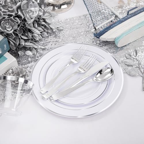 WELLIFE 300Pcs Silver Elegant Plastic Dinnerware Set for 50 Guests - Premium Disposable Party Supplies Includes Dinner Plates, Salad Plates, Cups & Flatware Set for Wedding, Anniversary, Banquet - Image 7