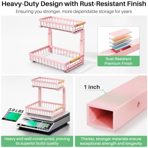 Kitstorack Under Sink Organizer, 2 Tier Under the Sink Storage, Slide out Pull out Cabinet Organizer Shelf, Metal Sliding Drawer for Kitchen Bathroom Pantry Closet Organization Rack, Pink, 2 Pack - Image 7