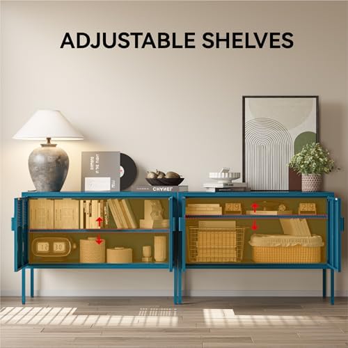 COFaR TV Stand for TVs up to 75 Inch, 40 Inch Media Console with Ventilation Doors, Metal Entertainment Center with Adjustable Shelves & 120Lbs Storage for Living Room & Bedroom, Peacock Blue - Image 6
