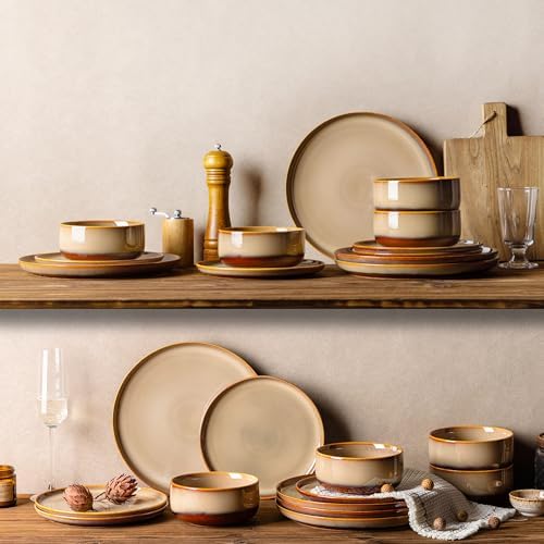 TheTerra Ceramic Dinnerware Sets for 8, 24 Pieces Handmade Reactive Glaze Plates and Bowls Set, Scratch Resistant Dish Set, Oven & Microwave & Dishwasher Safe, Creamy Amber - Image 7