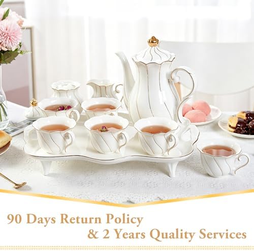 DUJUST 14 pcs Tea Set for 6 with Tea Tray & Spoons, Luxury British Style Coffee Cup Set with Golden Trim, Beautiful Porcelain Set for Living Room Decor, Tea Party Set, Gift Package - White - Image 6
