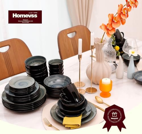 HomeVss, Stoneware Sonoma Dinnerware Set, Black + Speckled Spin Wash (56pc Set, Blue) - Image 5