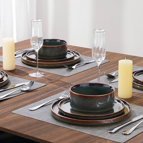 LIANYU Dinnerware Sets with Pasta Bowls, 24 Piece Ribbed Dinnerware Plates and Bowls Set for 6, Elegant Modern Stoneware Dishes Set for Kitchen Dining, Microwave and Dishwasher Safe, Jungle Green - Image 6