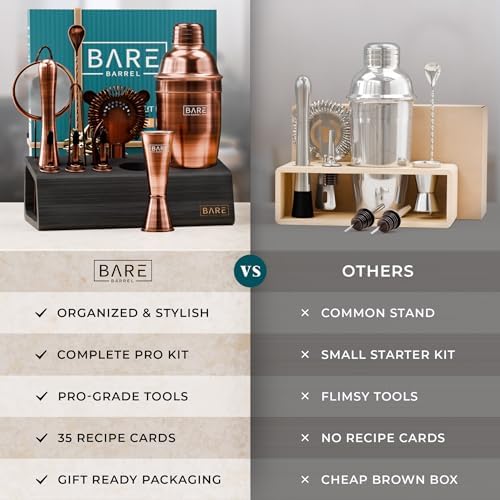 BARE BARREL® Mixology Bartender Kit Bar Set | 14-Piece Cocktail Shaker Set | Martini Barware Mixing Tools for Home Bartending | Incl. 35 Recipe Cards | Gift Set (24oz Cobbler Shaker, Copper/Black) - Image 6