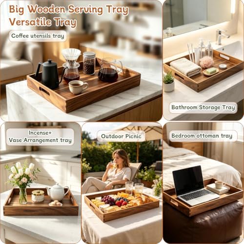 Wood Serving Tray with Handle, 22 x 18 Inch, Rectangle - Image 7
