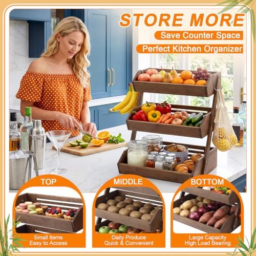 Marsui 3 Tier 16'' Bamboo Fruit Basket for Kitchen Counter, Dark Brown - Image 6