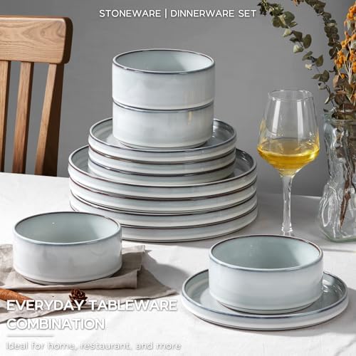 Onader Dinnerware Dishes Sets for 8, Stoneware Plates and Bowls with Unglazed Terracotta Bottom, Ceramic Kitchen Dinner Dish Set, 24 Piece - Glacier White - Image 7