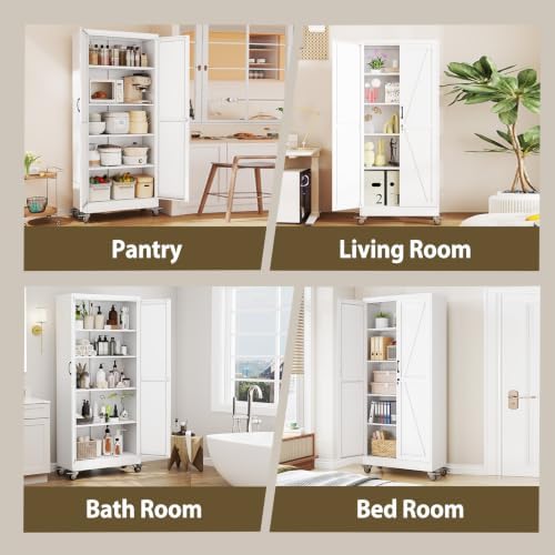 Metal Storage Cabinets with Wheels, Steel Tool Cabinets Lock Door and 4 Adjustable Shelves for Home Office, Garage, Kitchen (White, 70.9" H) - Image 7