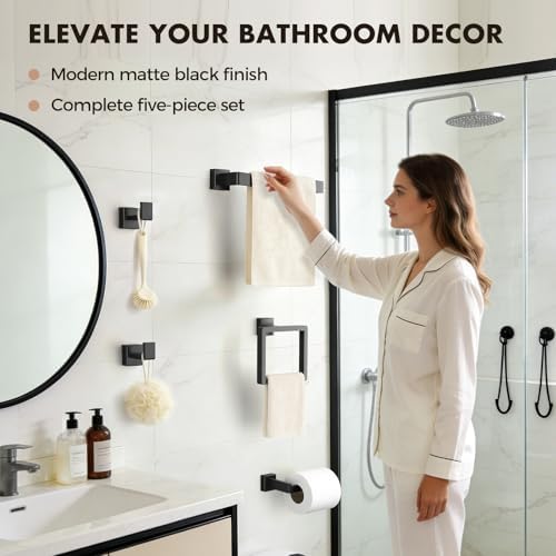 10-Pieces Matte Black Bathroom Accessories Set, 16 Inch Bath Towel Bar Set - Image 6