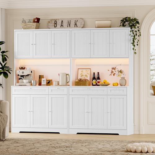 BORNOON Pantry Cabinet with Charging Station and Light, Tall Kitchen Pantry Storage Cabinet with Microwave Stand, Wide Fluted Kitchen Hutch with Storage Drawers and Adjustable Shelves for Dining Room - Image 6