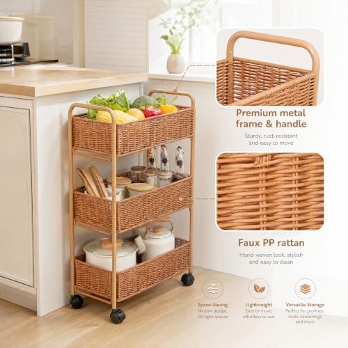 FOCHIER F Utility Slim Storage Cart,3-Tier Rolling Kitchen Office Laundry Room Cart with Wheels,Mobile Shelving Unit Organizer for Living Room,Bathroom, Baby Diaper,Art,Dining Room Narrow Places - Image 6