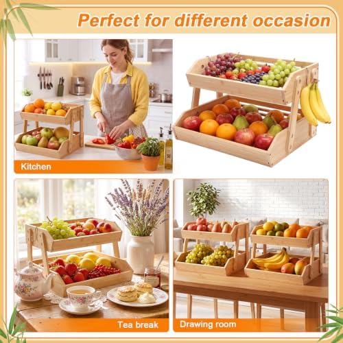Marsui 2 Pcs 2 Tier 16" Bamboo Fruit Basket for Kitchen Counter, Wood - Image 7