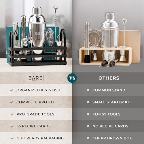 BARE BARREL® Mixology Bartender Kit Bar Set | 14-Piece Cocktail Shaker Set | Martini Barware Mixing Tools for Home Bartending | 35 Recipe Cards | Gift Set (24oz Cobbler Shaker, Silver/Black) - Image 6