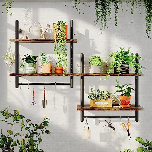 Bestier 24" 2 Tier Industrial Pipe Wall Shelf with 8 Hooks, Rustic Brown - Image 6