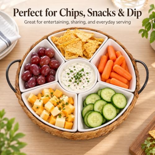 Ceramic Serving Tray, Food Tray 15.5 x 15.5 Inches,Divided Serving Platter with 6 Removable Dishes, Portable Handle Cattail Serving Bowls,Perfect for or Chips and Dip,Natural - Image 6