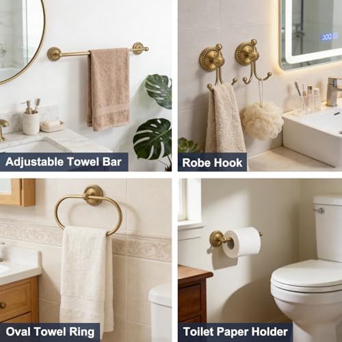 Antique Brass 4-Piece Bathroom Hardware Set Adjustable Towel Bar 13-24" - Image 7