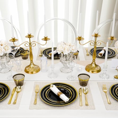 realluck 350 PCS Black Plastic Dinnerware Set for 50 Guests, 100 Disposable Plates for Party, 50 Pre Rolled Napkins with Gold Silverware, 50 Cups for Graduation - Image 6