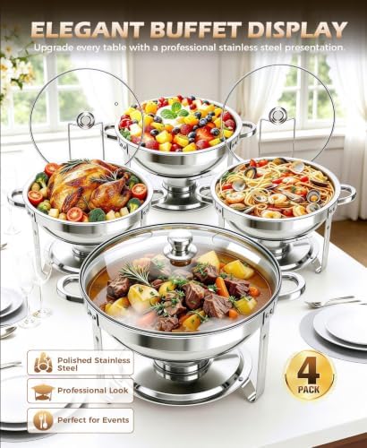 Chafing Dishes for Buffet Set,4 Pack 5QT Round Stainless Steel Chafing Dish Set, Food Warmers for Parties Buffet for Home Parties, Christmas Gatherings, Catering Events Complete Buffet Warmer Set - Image 6