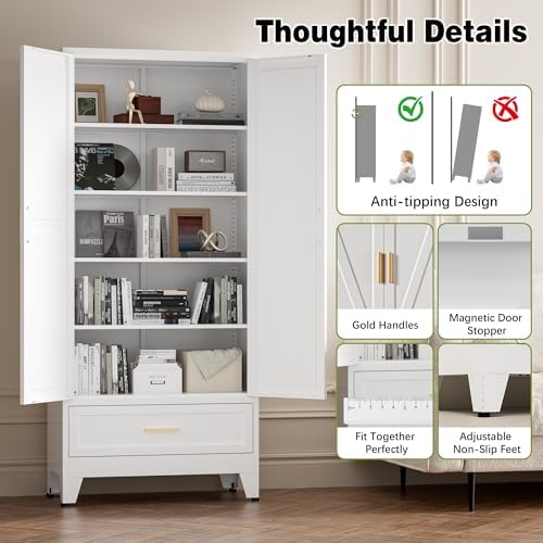 COFaR Metal Storage Cabinet, Farmhouse Storage Cabinet with 2 Doors and 4 Adjustable Shelves - 71" White Kitchen Pantry Storage 5-Tier Tall Steel Cabinets Locker for Kitchen, Living Room, Dining Room - Image 7