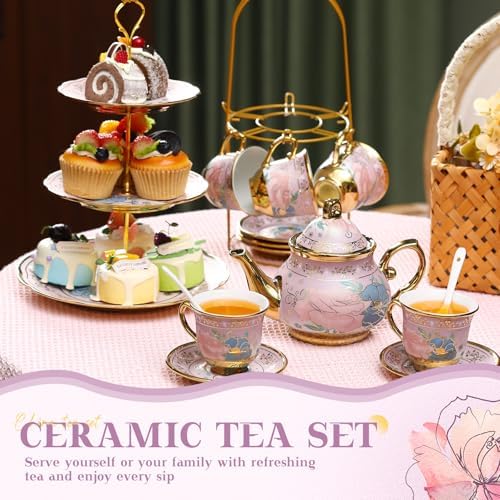 21 Pcs Porcelain Tea Set with 3 Tier Dessert Stand, Purple, Delicate - Image 6